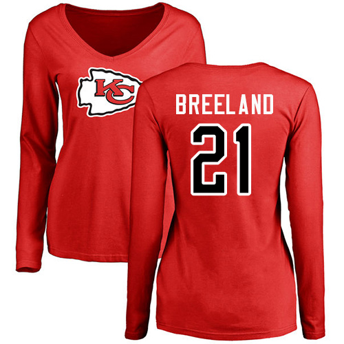 Women Football Kansas City Chiefs #21 Breeland Bashaud Red Name and Number Logo Slim Fit Long Sleeve T-Shirt->nfl t-shirts->Sports Accessory